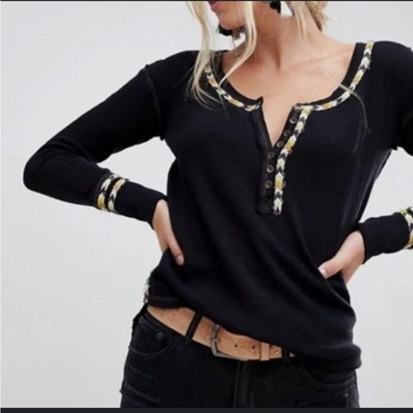 Free People Tops - Free People We the Free Embroidered Henley Top Black Long Sleeve Thermal XS